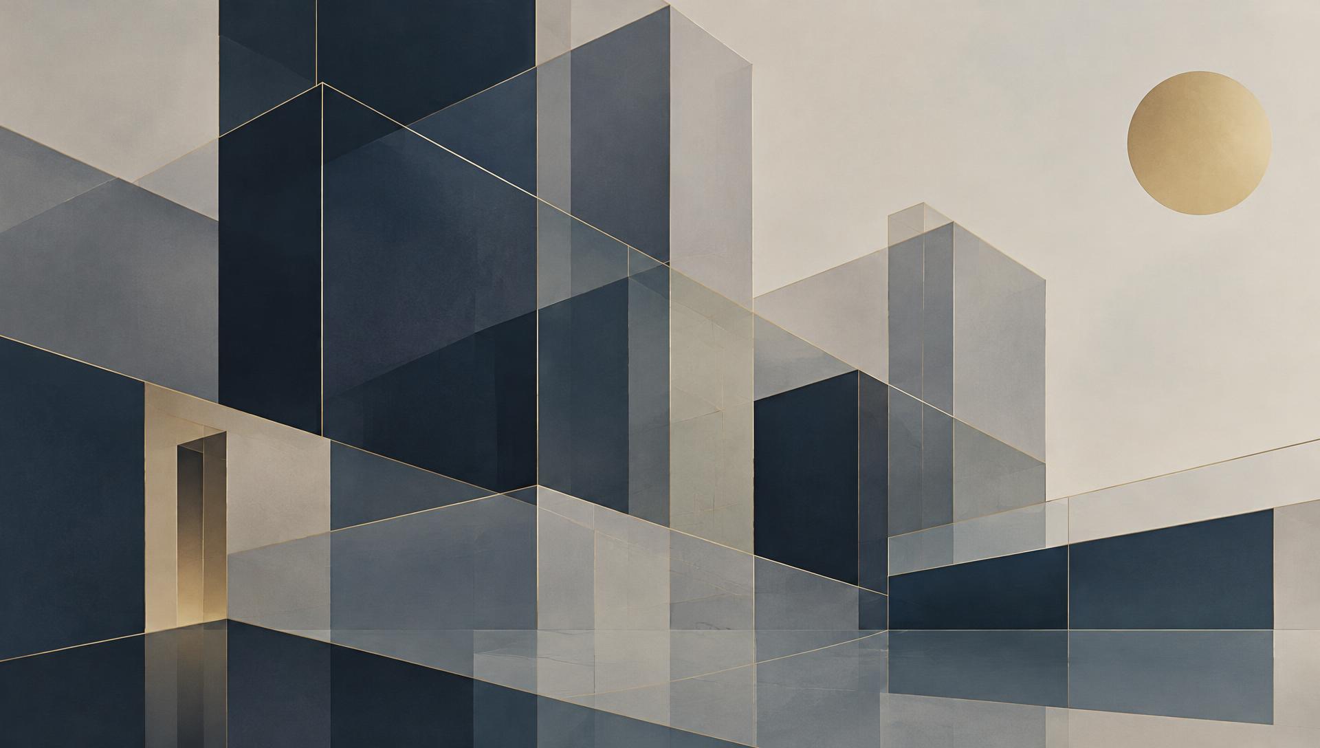Abstract architectural composition of overlapping geometric volumes